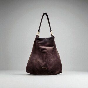COCCINELLE Brown Suede Shoulder Bag Gold Hardware Slouchy Hobo Purse Italy